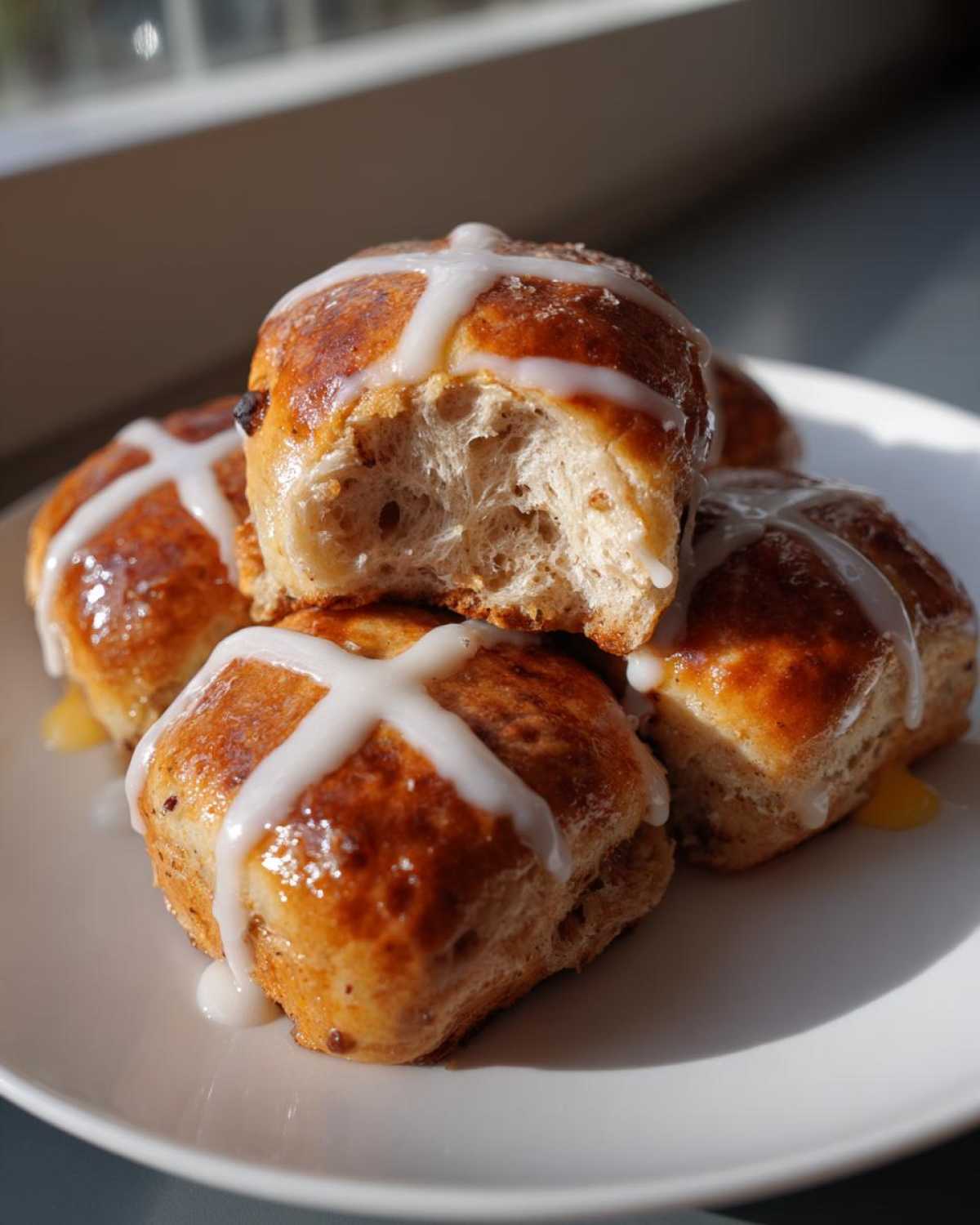 Close-up of fluffy Hot Cross Buns with Orange Glaze, one bun is broken open showing the soft interior.