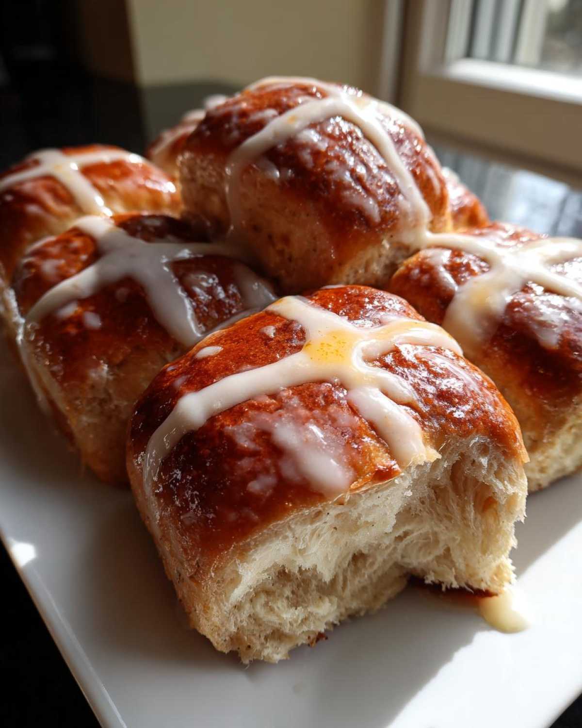 Close-up of freshly baked Hot Cross Buns with Orange Glaze, showing a soft interior texture.