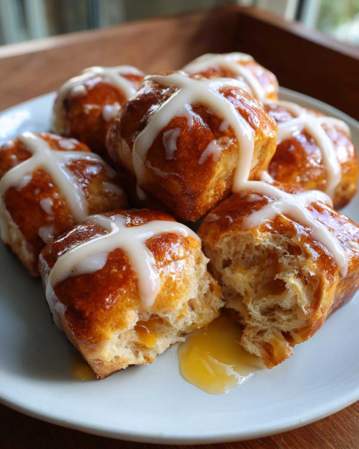 Close up of several sticky Hot Cross Buns with Orange Glaze, one broken open showing filling and glaze dripping onto a plate.