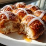 A cluster of freshly baked Hot Cross Buns with Orange Glaze, one bun pulled apart showing the soft interior and dripping glaze.
