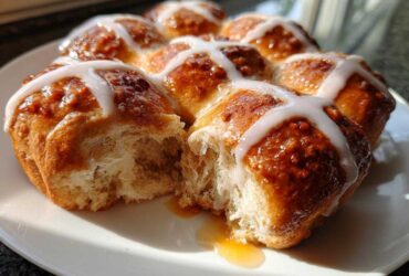 A cluster of freshly baked Hot Cross Buns with Orange Glaze, one bun pulled apart showing the soft interior and dripping glaze.