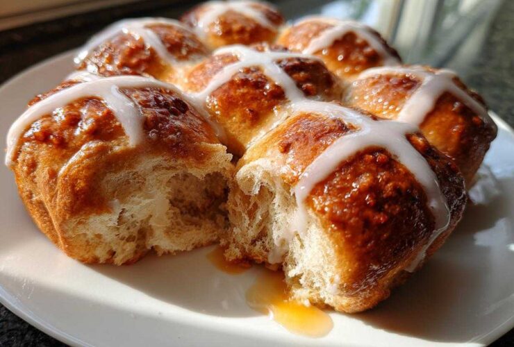A cluster of freshly baked Hot Cross Buns with Orange Glaze, one bun pulled apart showing the soft interior and dripping glaze.