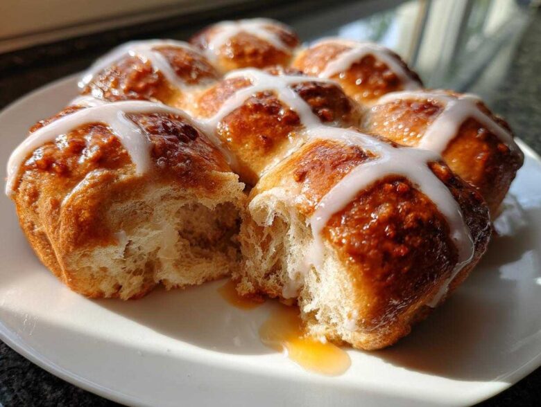 A cluster of freshly baked Hot Cross Buns with Orange Glaze, one bun pulled apart showing the soft interior and dripping glaze.