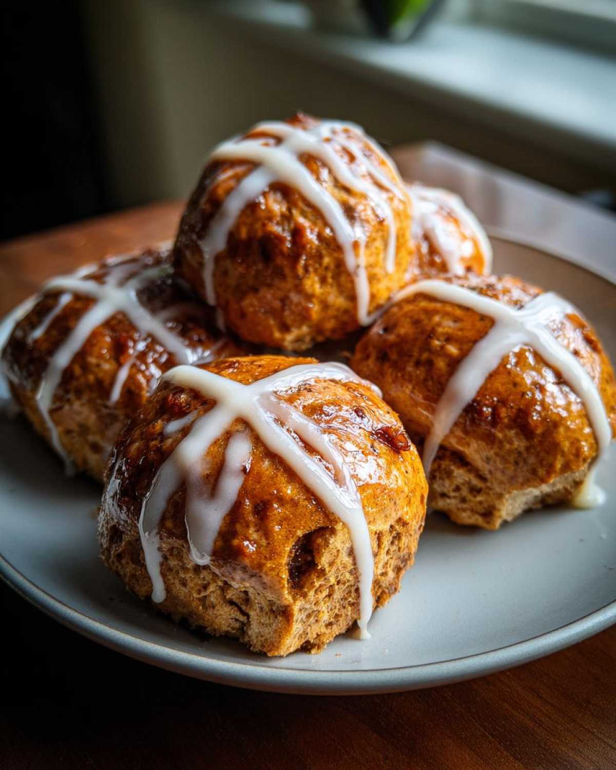 A stack of freshly baked Hot Cross Buns with Orange Glaze drizzled with white icing crosses.