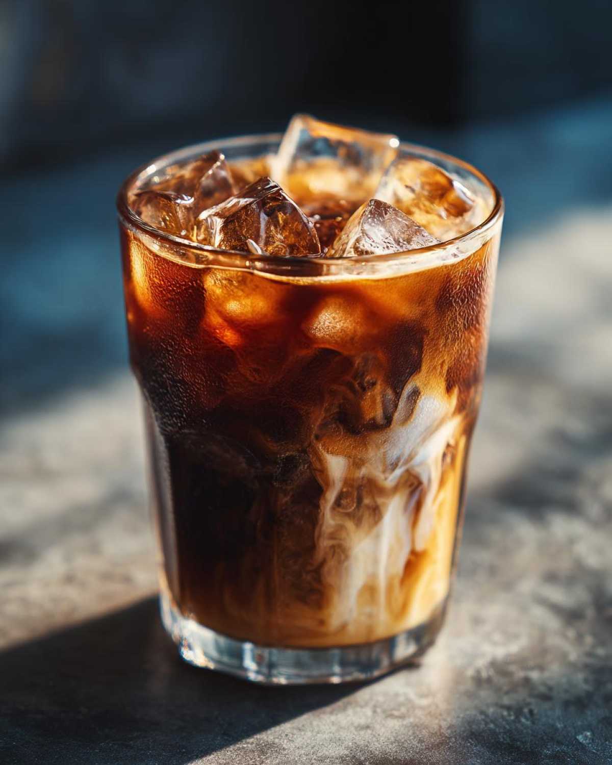 Close-up of a glass filled with an Iced Brown Sugar Oatmilk Latte, showing swirls of cream mixing with dark coffee and large ice cubes.