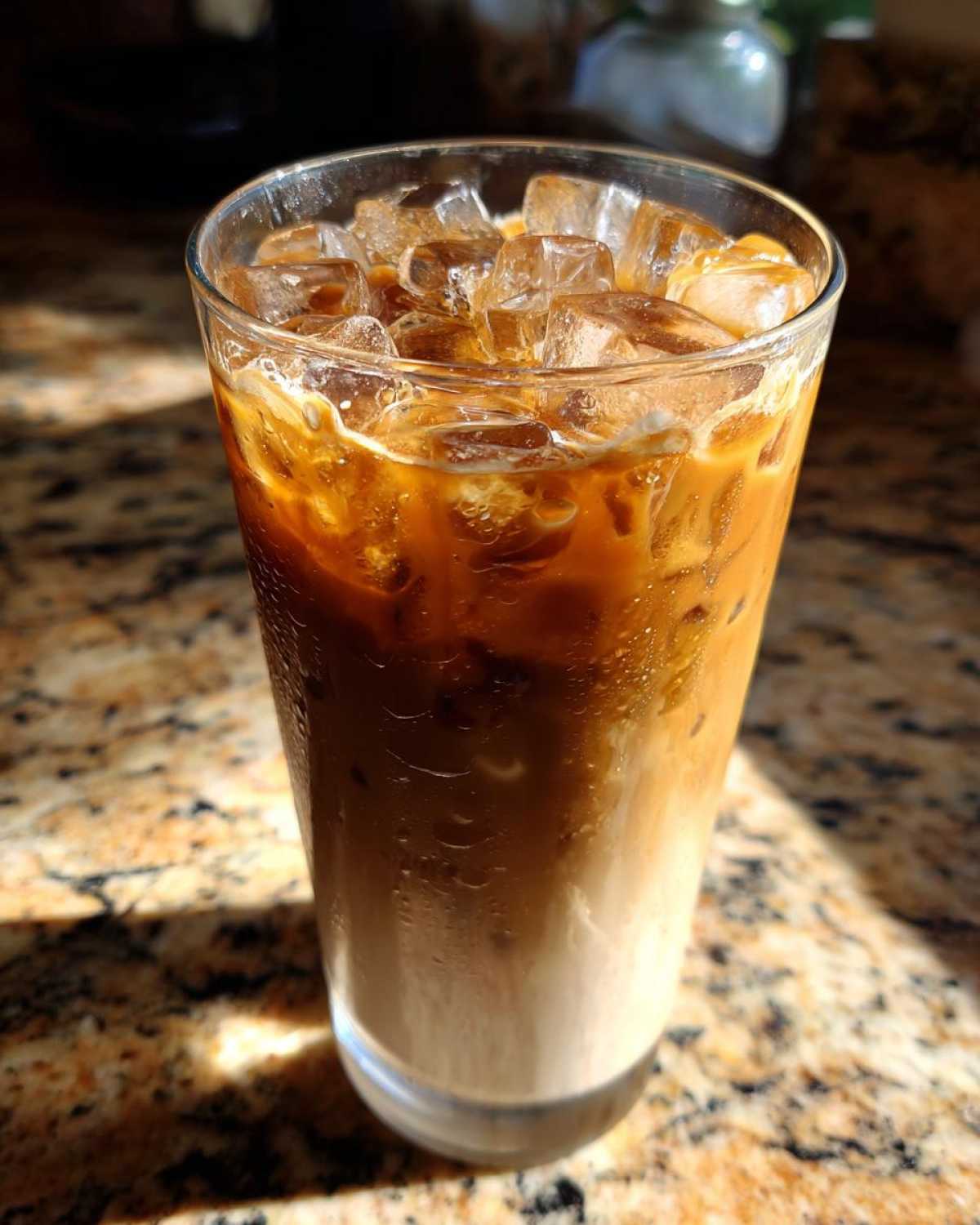 A tall glass filled with a layered Iced Brown Sugar Oatmilk Latte, topped with ice cubes, sitting on a granite counter.