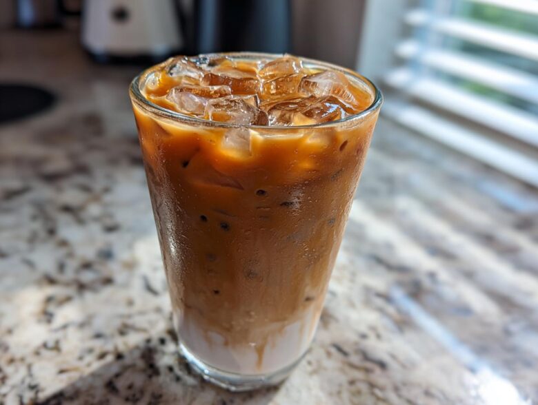 A tall, sweating glass filled with a layered Iced Brown Sugar Oatmilk Latte, topped with ice cubes.