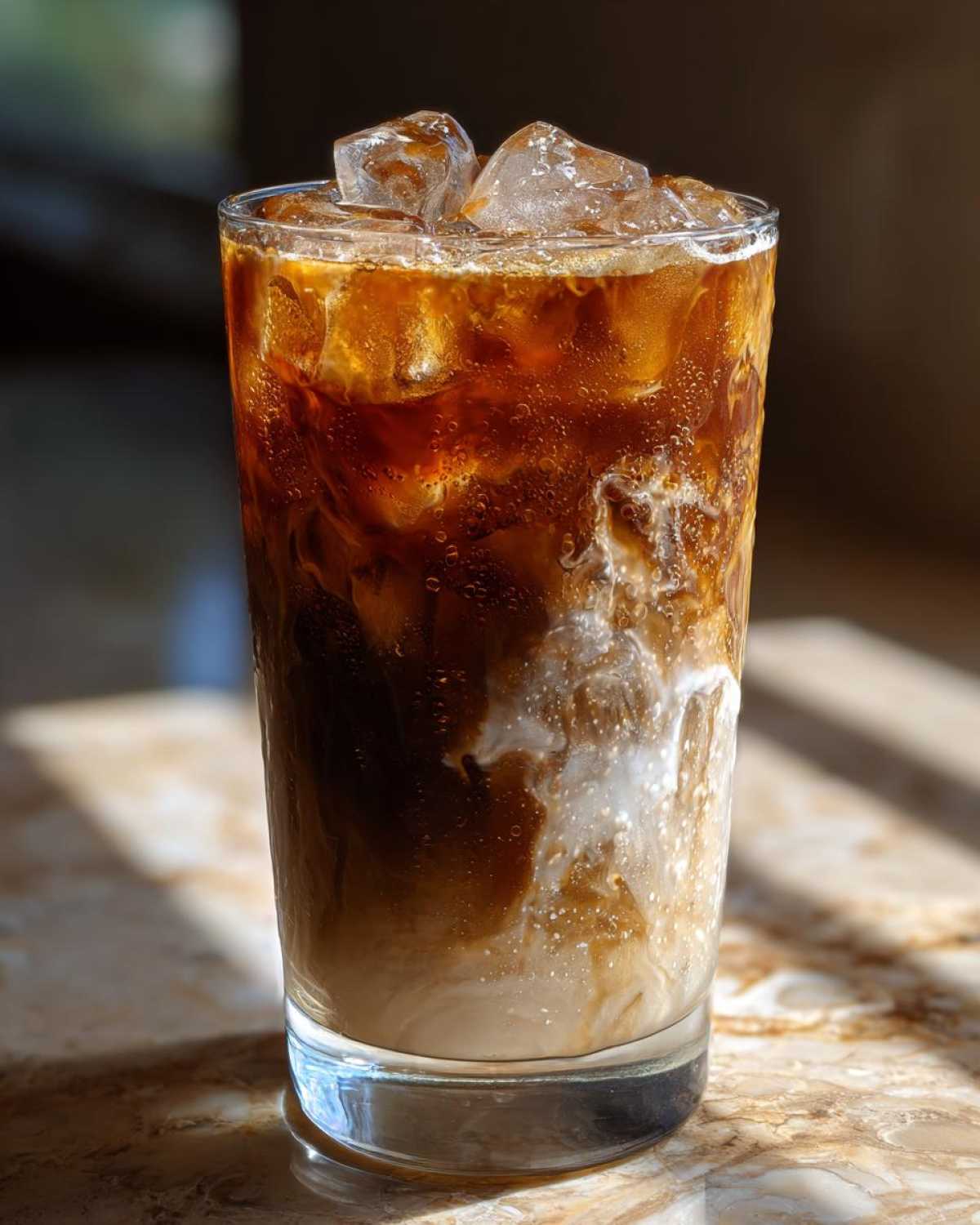 Close-up of a tall glass containing an Iced Brown Sugar Oatmilk Latte with swirling coffee, oat milk, and ice.