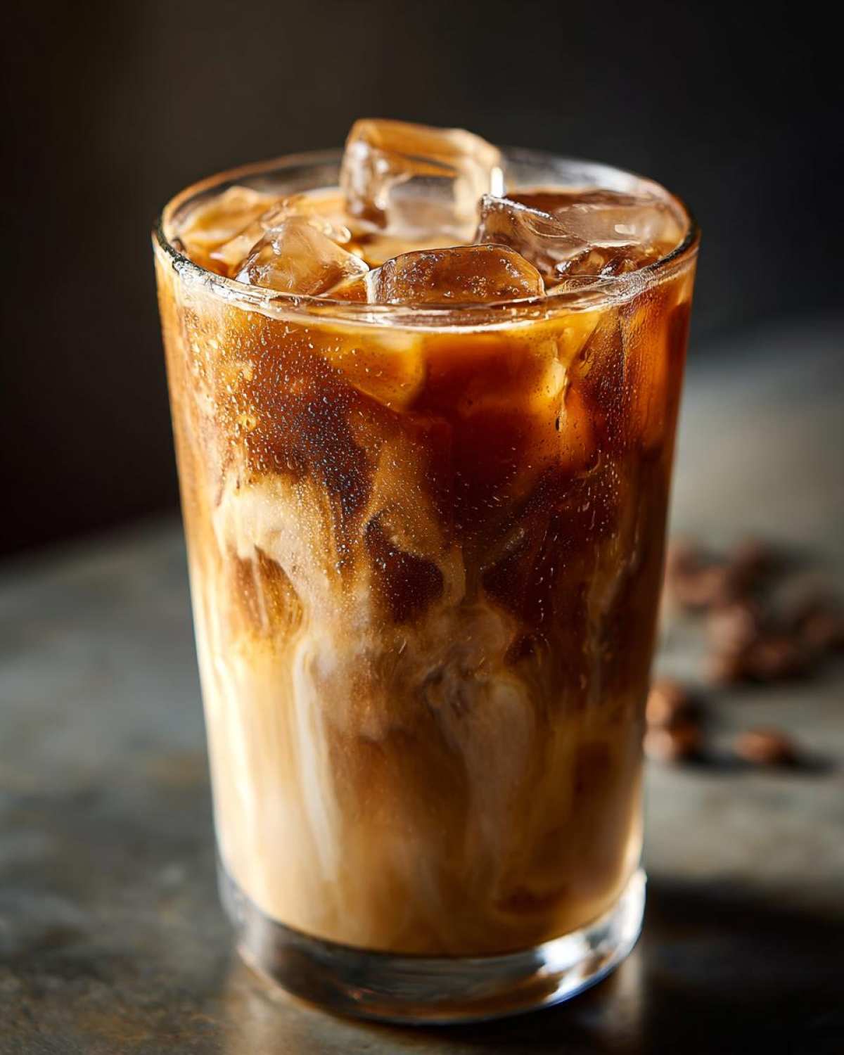 Close-up of a tall glass filled with an Iced Brown Sugar Oatmilk Latte, showing rich swirls of coffee and oatmilk over ice cubes.