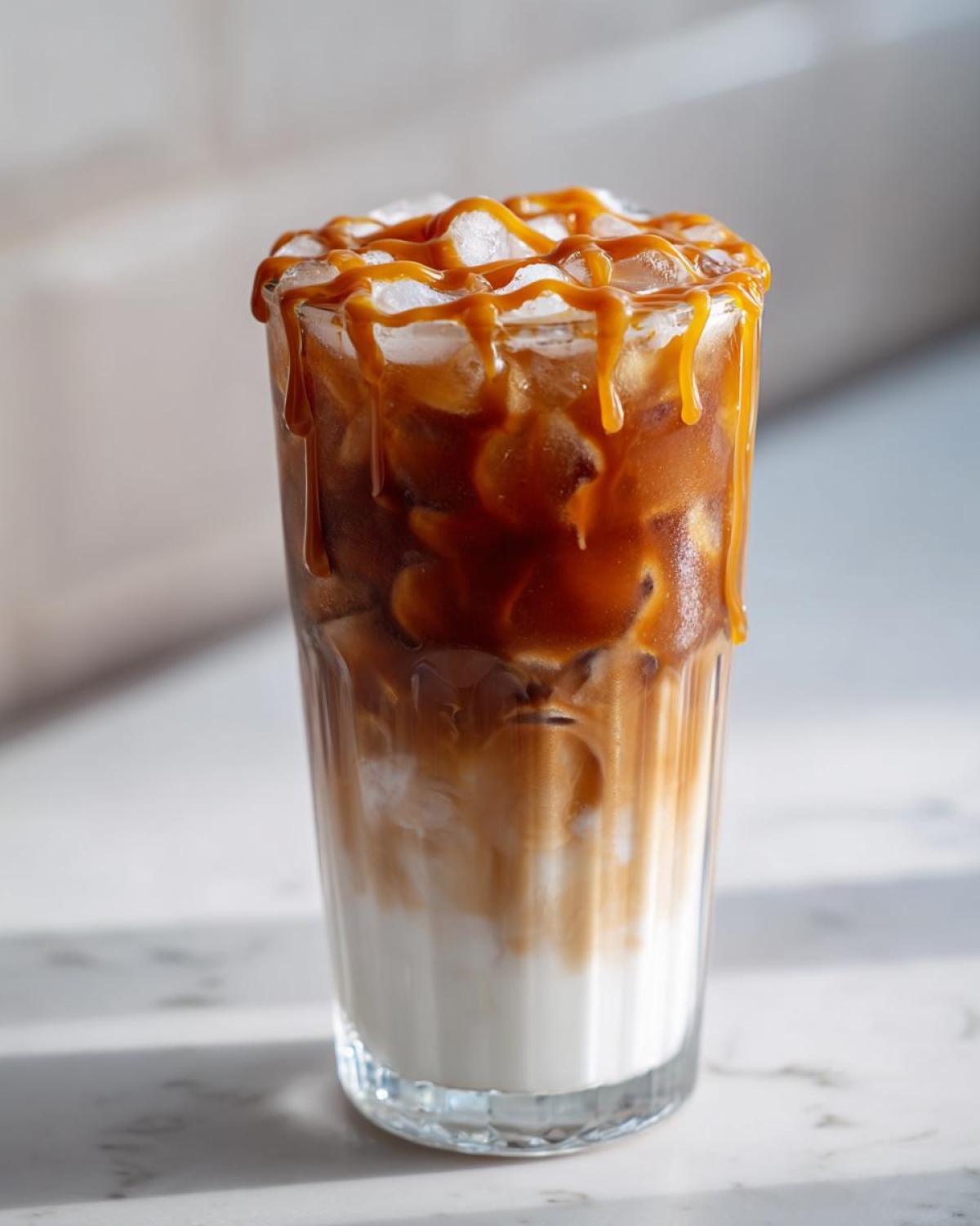 A tall glass filled with layers of milk, espresso, and ice, topped with a generous caramel drizzle for an Iced Caramel Macchiato.
