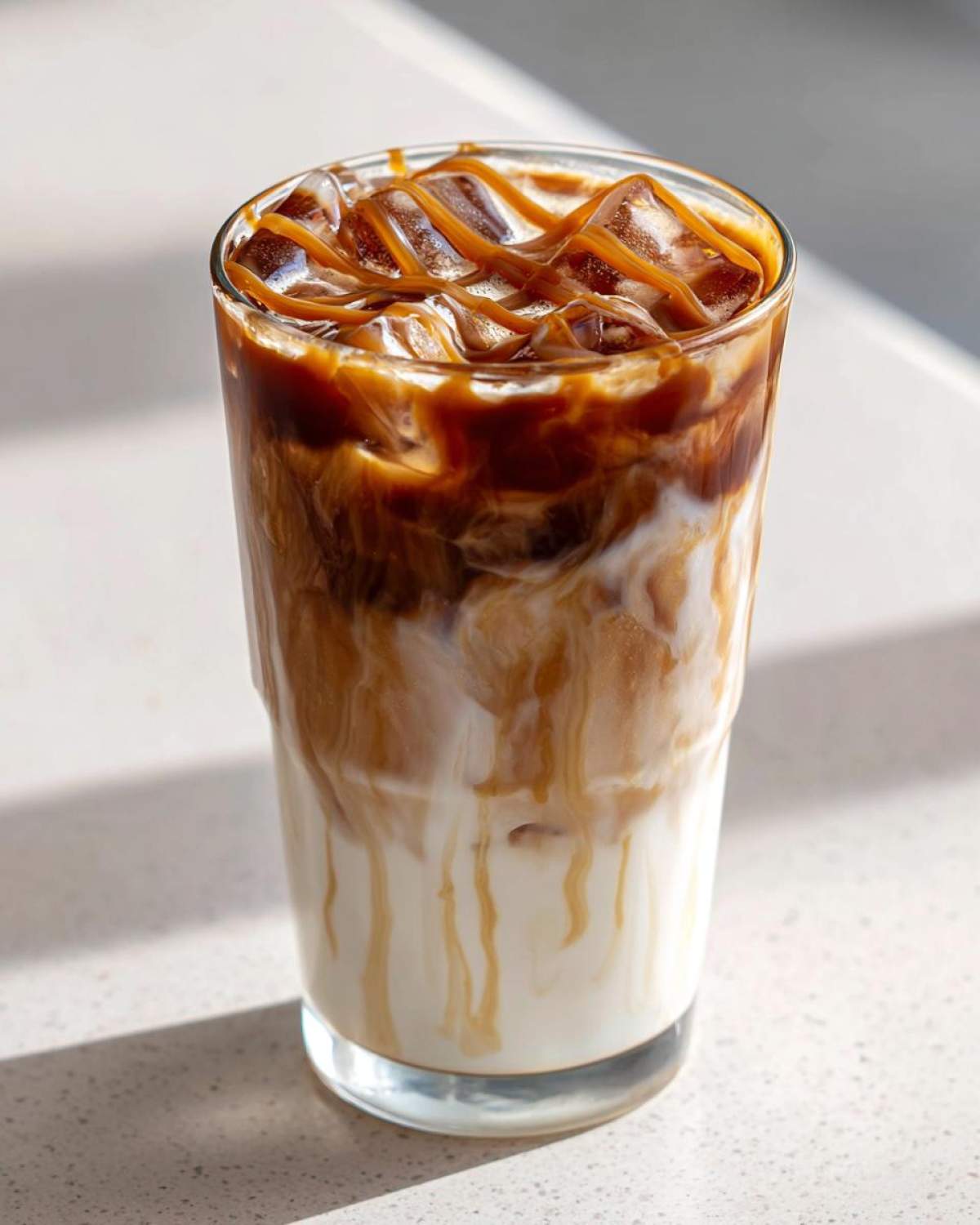Close-up of a tall glass filled with an Iced Caramel Macchiato showing layers of milk, espresso, and caramel drizzle over ice.