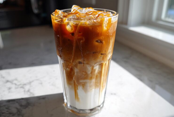 Tall glass filled with an Iced Caramel Macchiato showing distinct layers of milk, espresso, and caramel drizzle over ice.