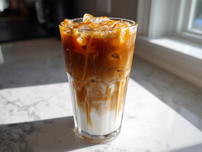 Tall glass filled with an Iced Caramel Macchiato showing distinct layers of milk, espresso, and caramel drizzle over ice.