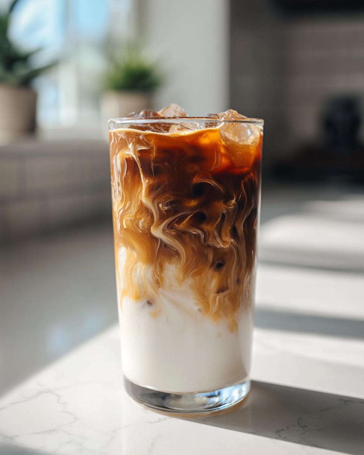 A tall glass showing the beautiful swirling layers of milk and espresso for an Iced Caramel Macchiato.
