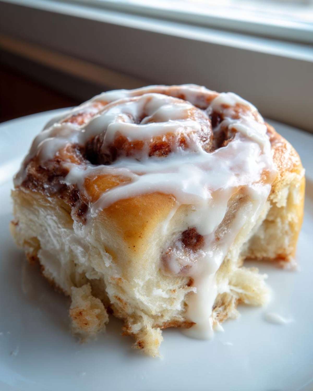 A close-up of a soft, freshly baked Gluten-Free Cinnamon Roll topped with thick white icing dripping down the side.