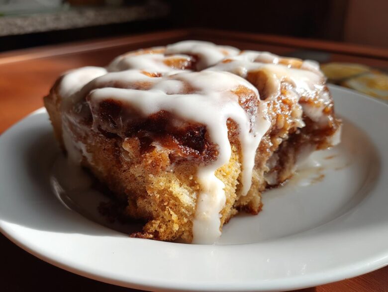 A close-up of a moist, iced Gluten-Free Cinnamon Roll sitting on a white plate, bathed in sunlight.