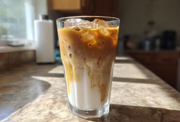 A tall glass of Iced Honey Almond Milk Latte showing layers of white almond milk and rich espresso swirling together over ice.