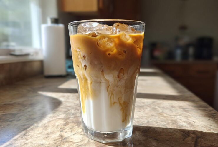 A tall glass of Iced Honey Almond Milk Latte showing layers of white almond milk and rich espresso swirling together over ice.