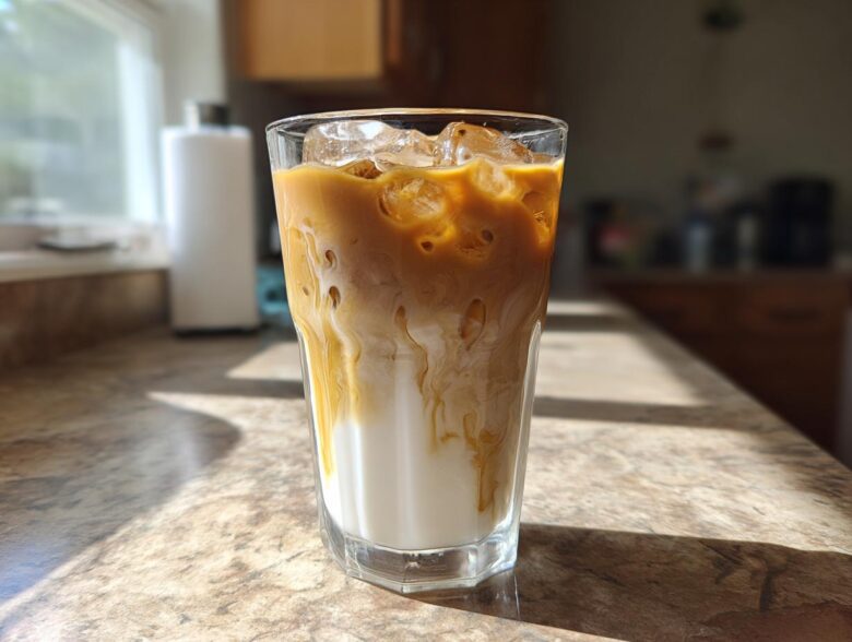 A tall glass of Iced Honey Almond Milk Latte showing layers of white almond milk and rich espresso swirling together over ice.