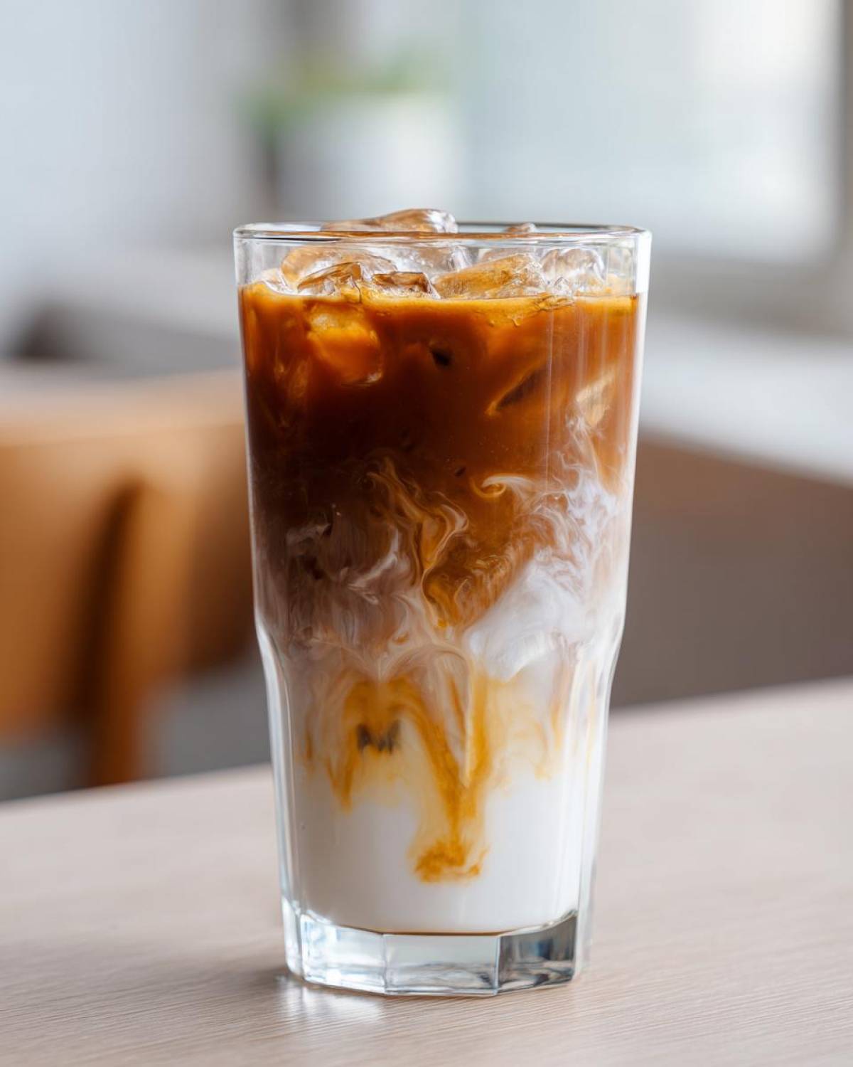 A tall glass filled with a layered Iced Honey Almond Milk Latte, showing coffee swirling into the white almond milk and ice cubes.