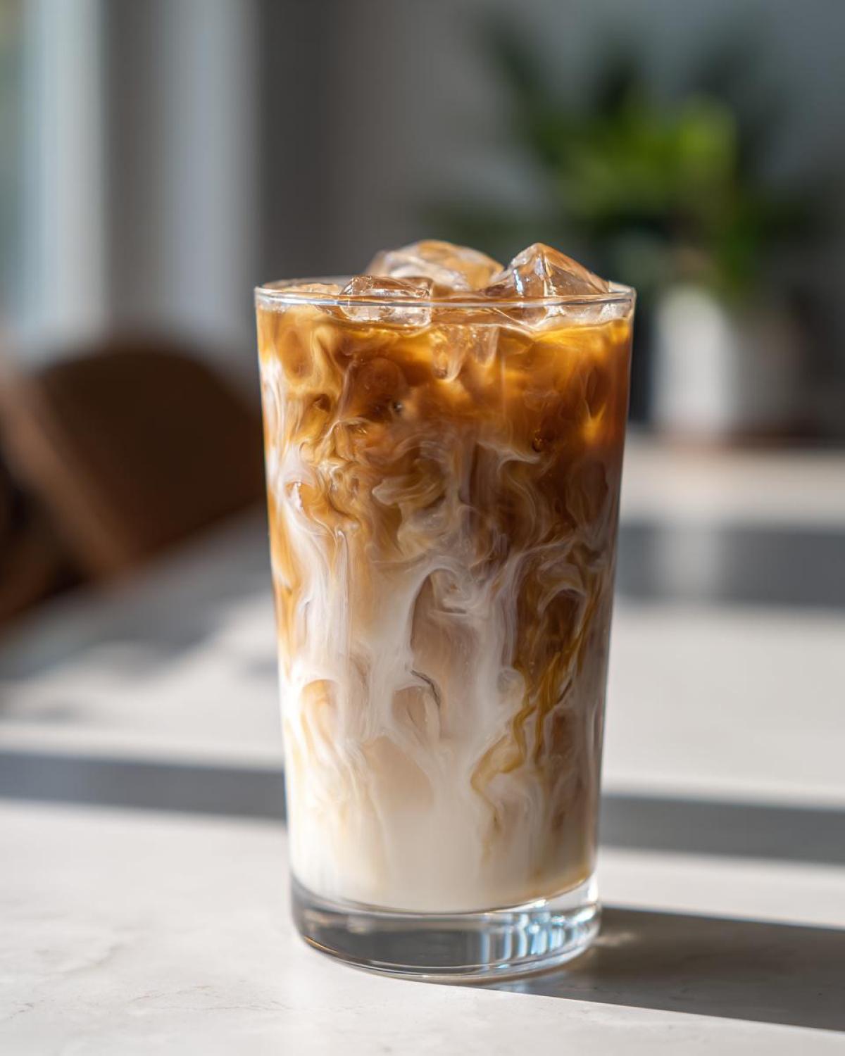 A tall glass filled with an Iced Honey Almond Milk Latte showing beautiful swirls of coffee and almond milk over ice cubes.