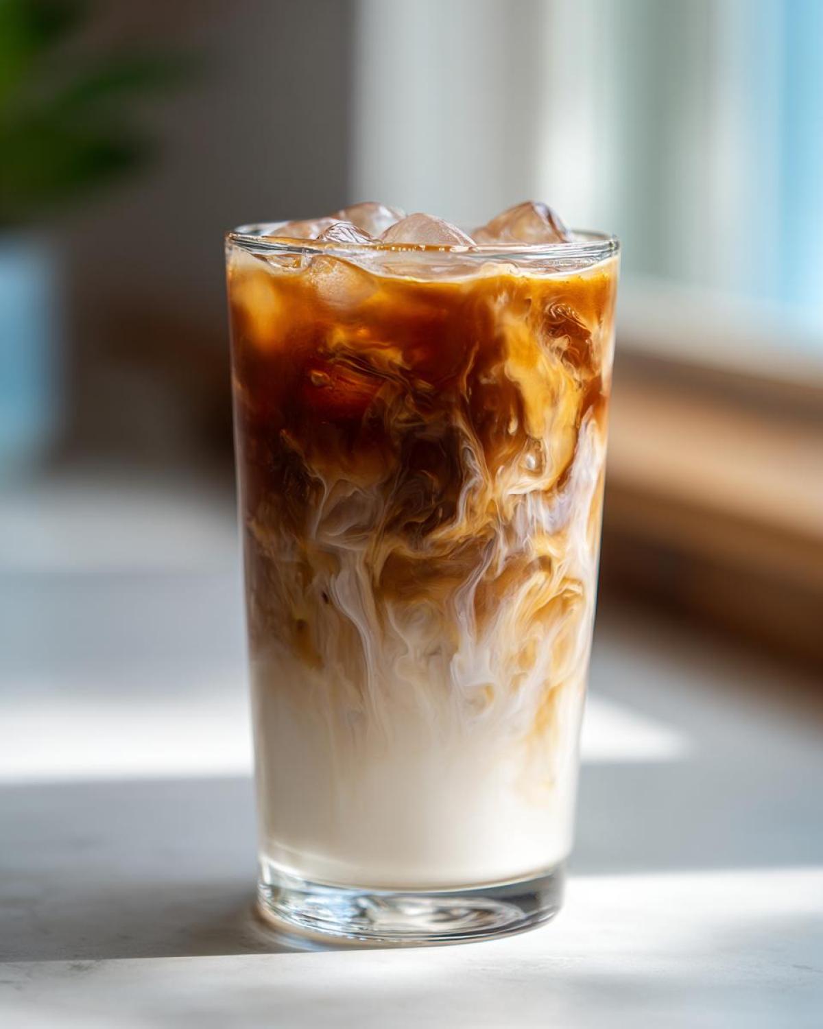 Close-up of an Iced Honey Almond Milk Latte showing rich coffee swirling dramatically into the white almond milk base over ice.