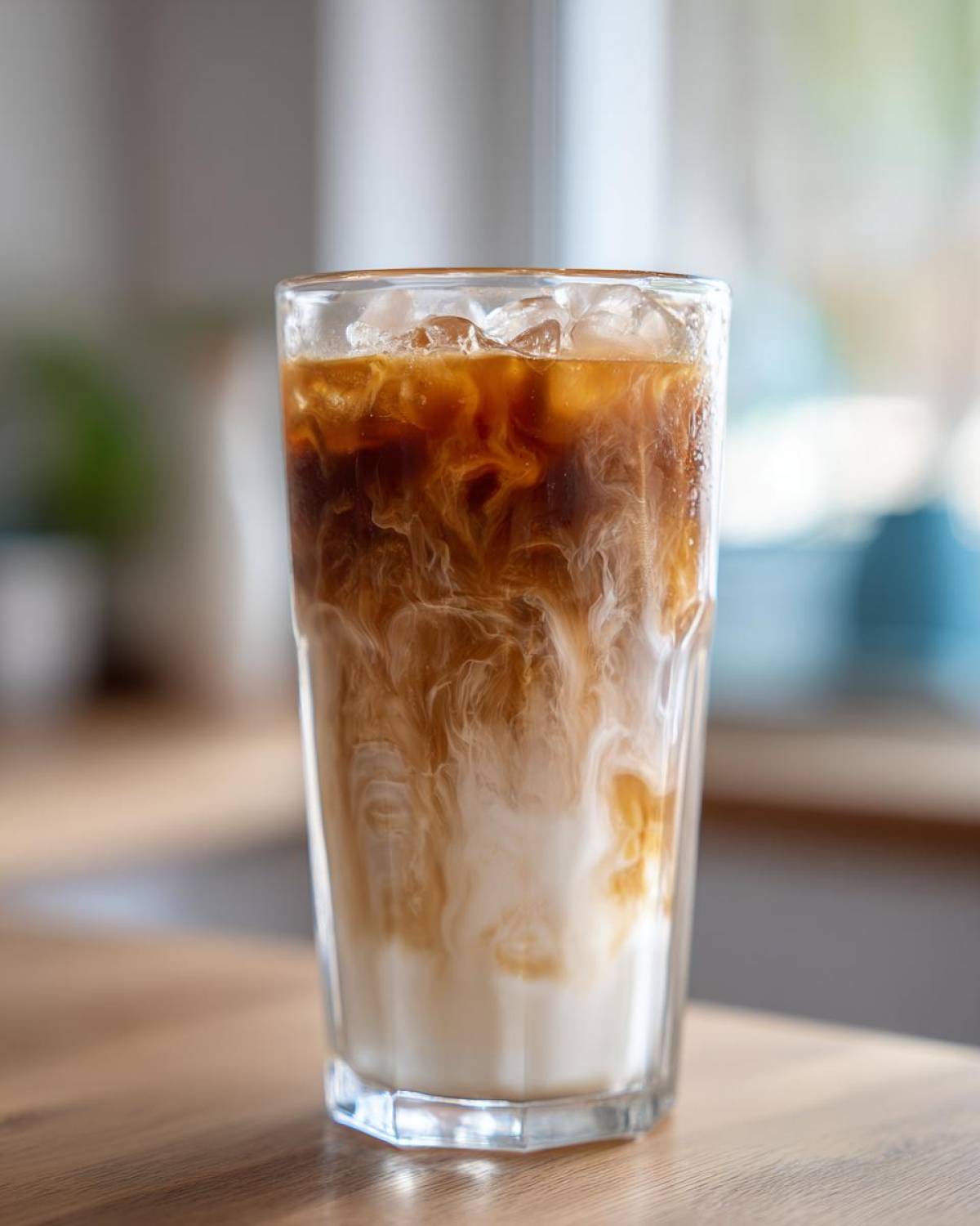 Close-up of an Iced Honey Almond Milk Latte showing rich coffee swirling beautifully into the white almond milk base over ice.