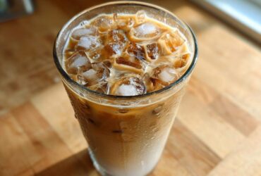 Close-up of a tall glass filled with a refreshing Iced Lavender Latte, showing layers of milk and coffee over ice.
