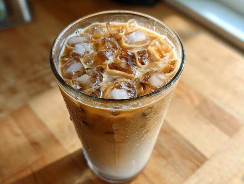 Close-up of a tall glass filled with a refreshing Iced Lavender Latte, showing layers of milk and coffee over ice.