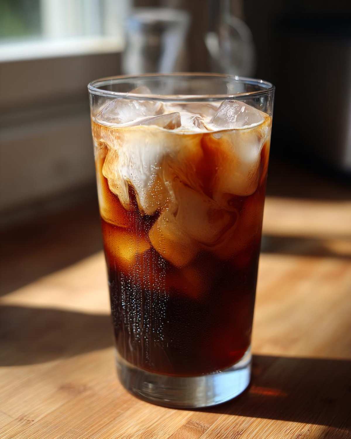 Close-up of dark coffee mixing with white cream over ice cubes in a tall glass, preparing an Iced Lavender Latte.