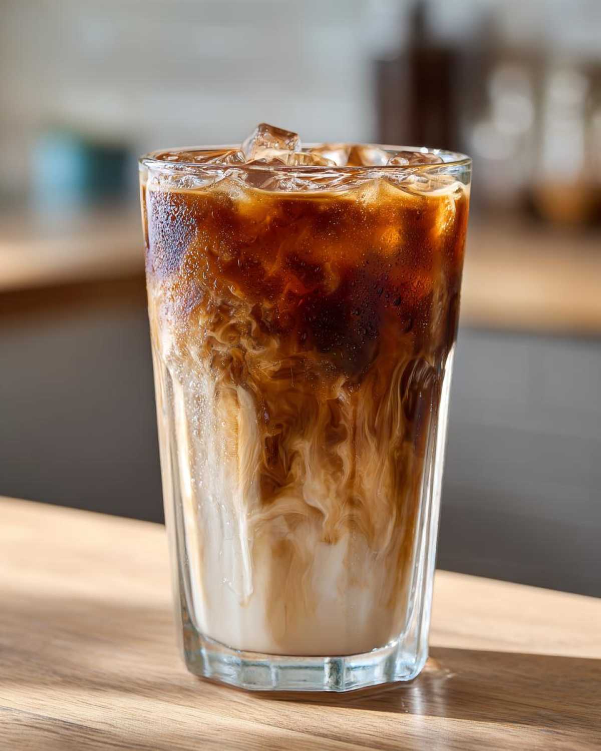 Close-up of an Iced Lavender Latte showing rich espresso swirling into white milk over ice cubes.