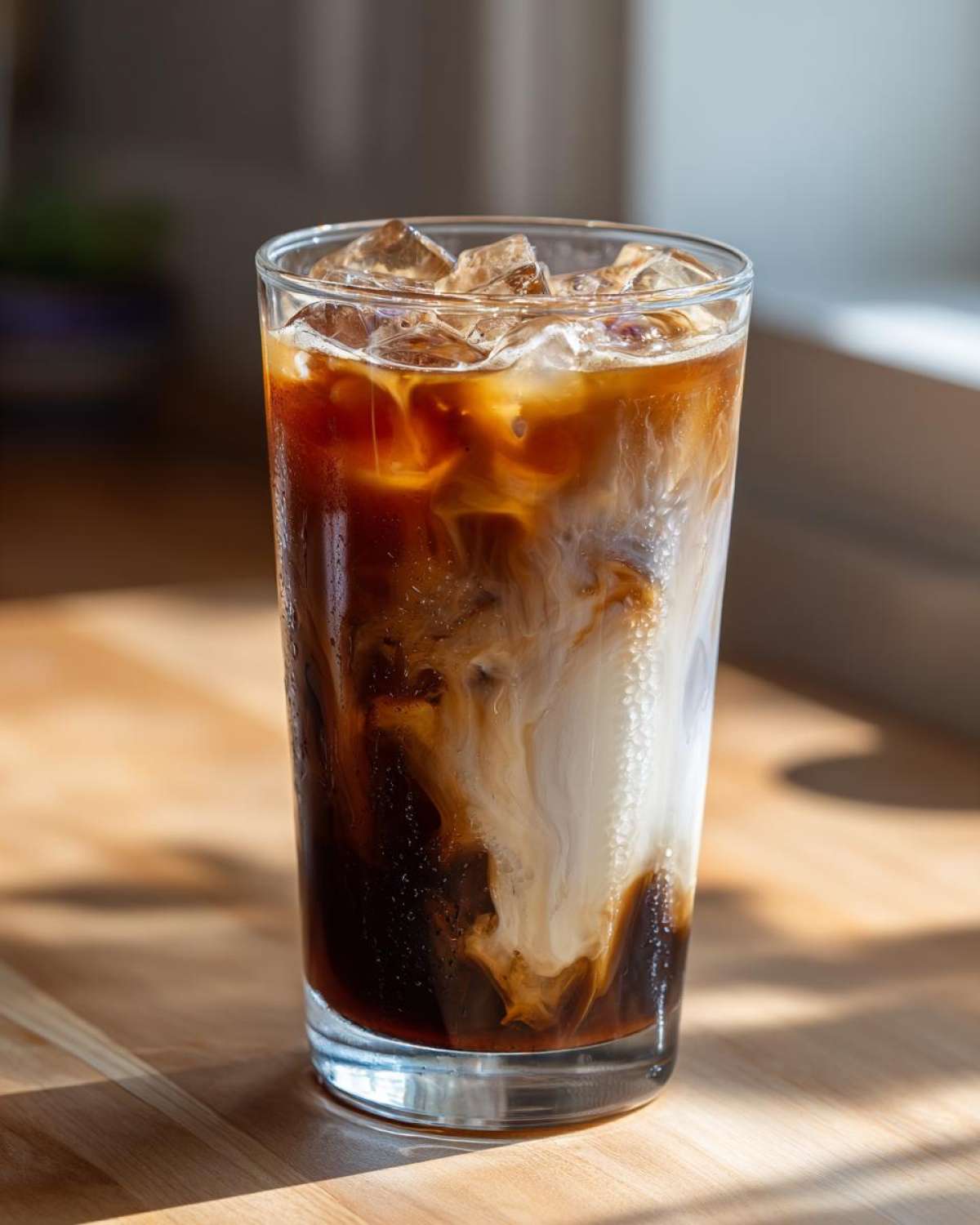 Close-up of an Iced Lavender Latte being made, showing dark coffee swirling beautifully with white milk over ice cubes.