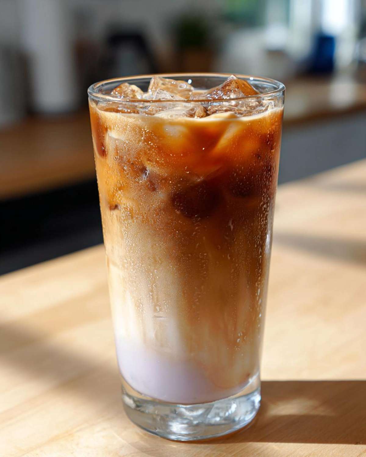 Close-up of a tall glass containing a layered Iced Lavender Latte with ice cubes, showing purple milk at the bottom.