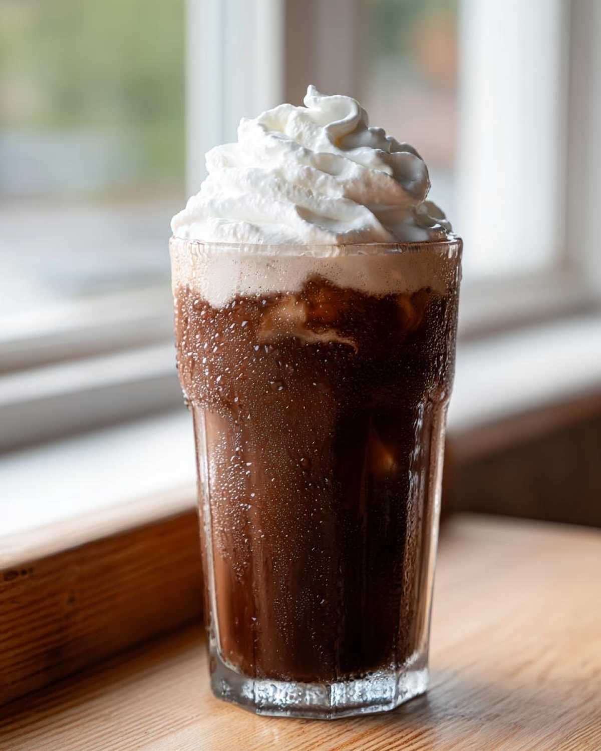 A tall, sweating glass filled with a dark brown Iced Mocha, topped generously with whipped cream.
