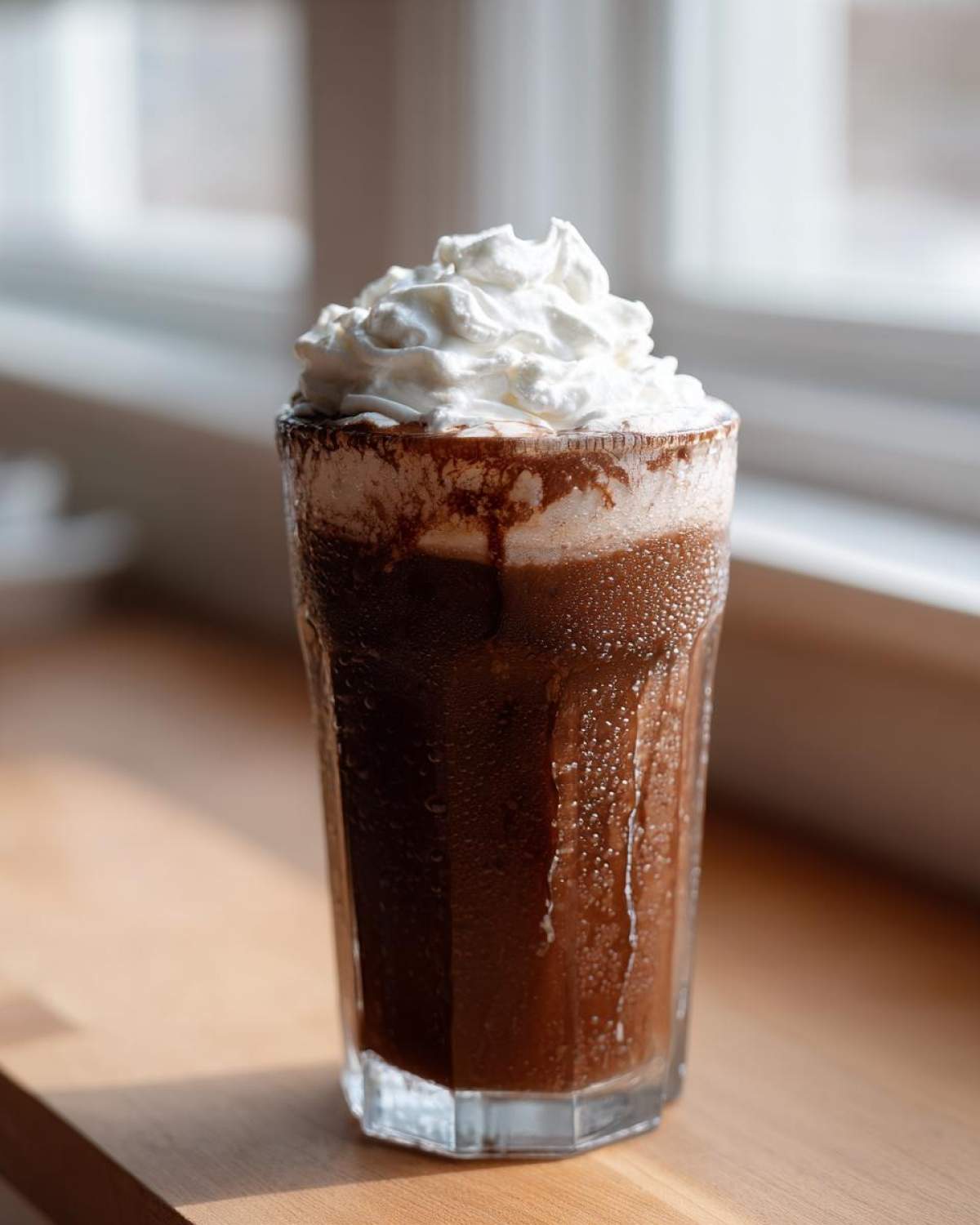 A tall, sweating glass of rich Iced Mocha topped generously with whipped cream, sitting on a wooden surface.