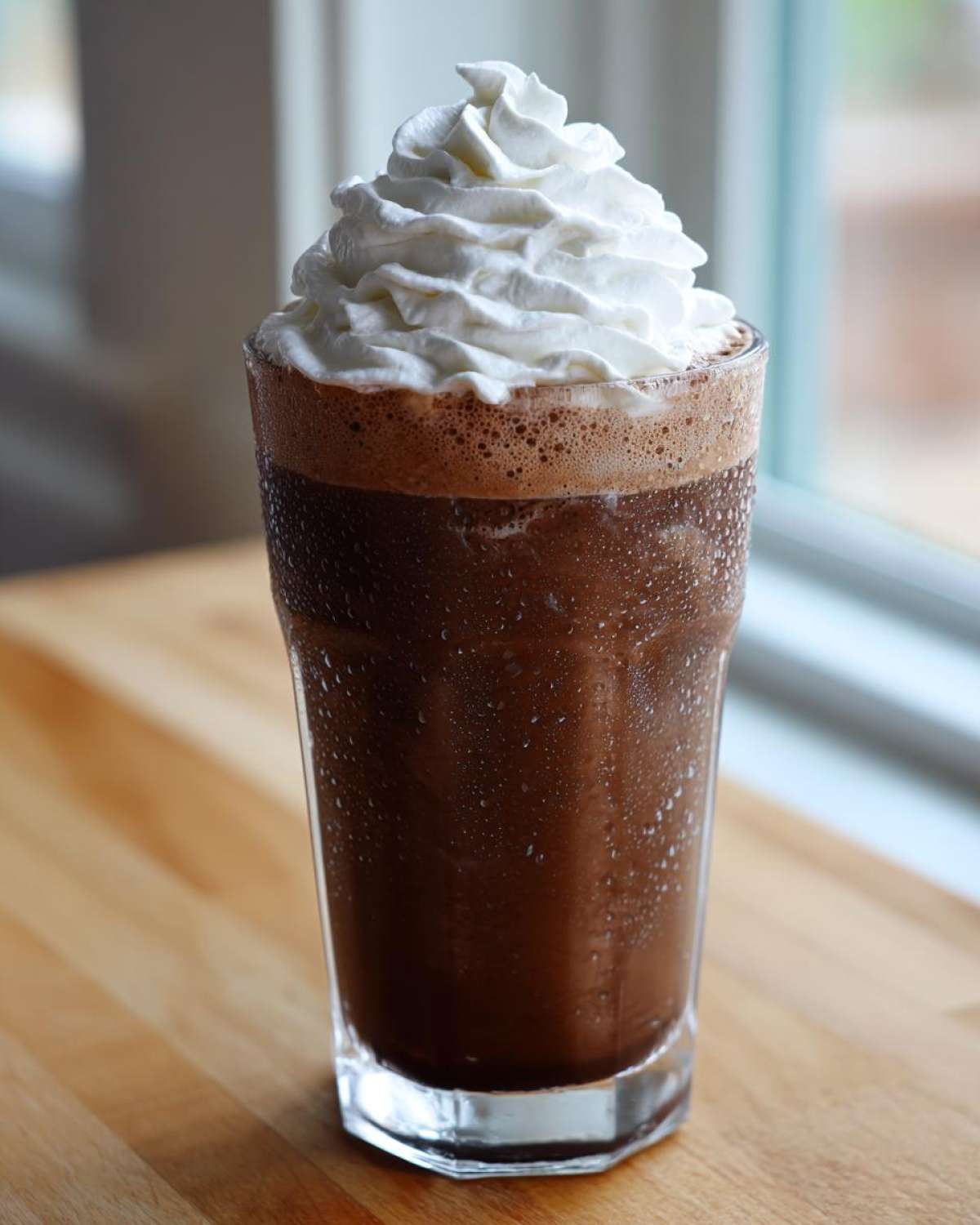 A tall, frosty glass of rich Iced Mocha topped generously with whipped cream.