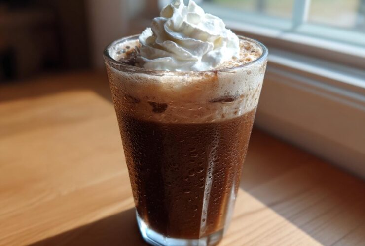 A tall glass of cold Iced Mocha topped with a swirl of whipped cream, sitting on a wooden surface near a window.