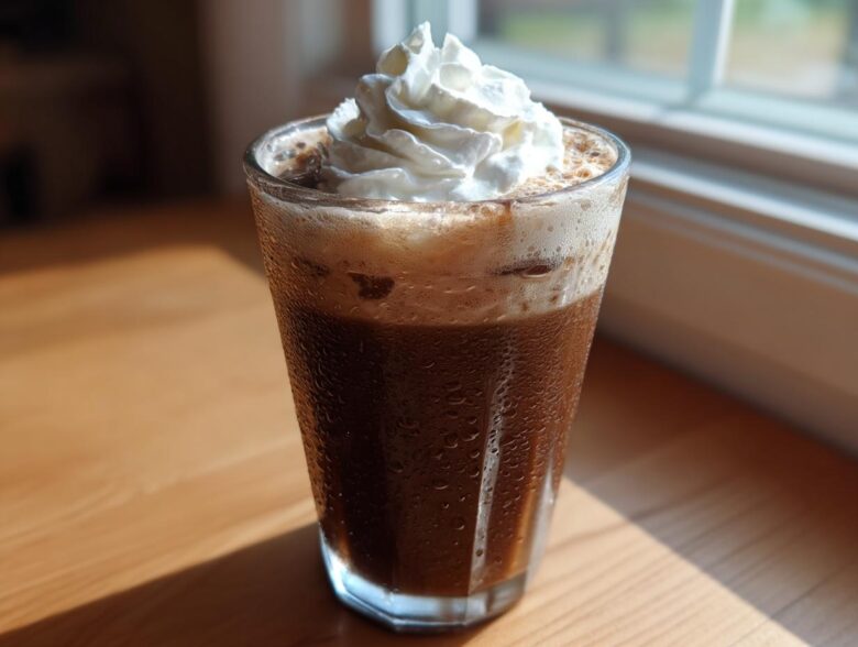 A tall glass of cold Iced Mocha topped with a swirl of whipped cream, sitting on a wooden surface near a window.