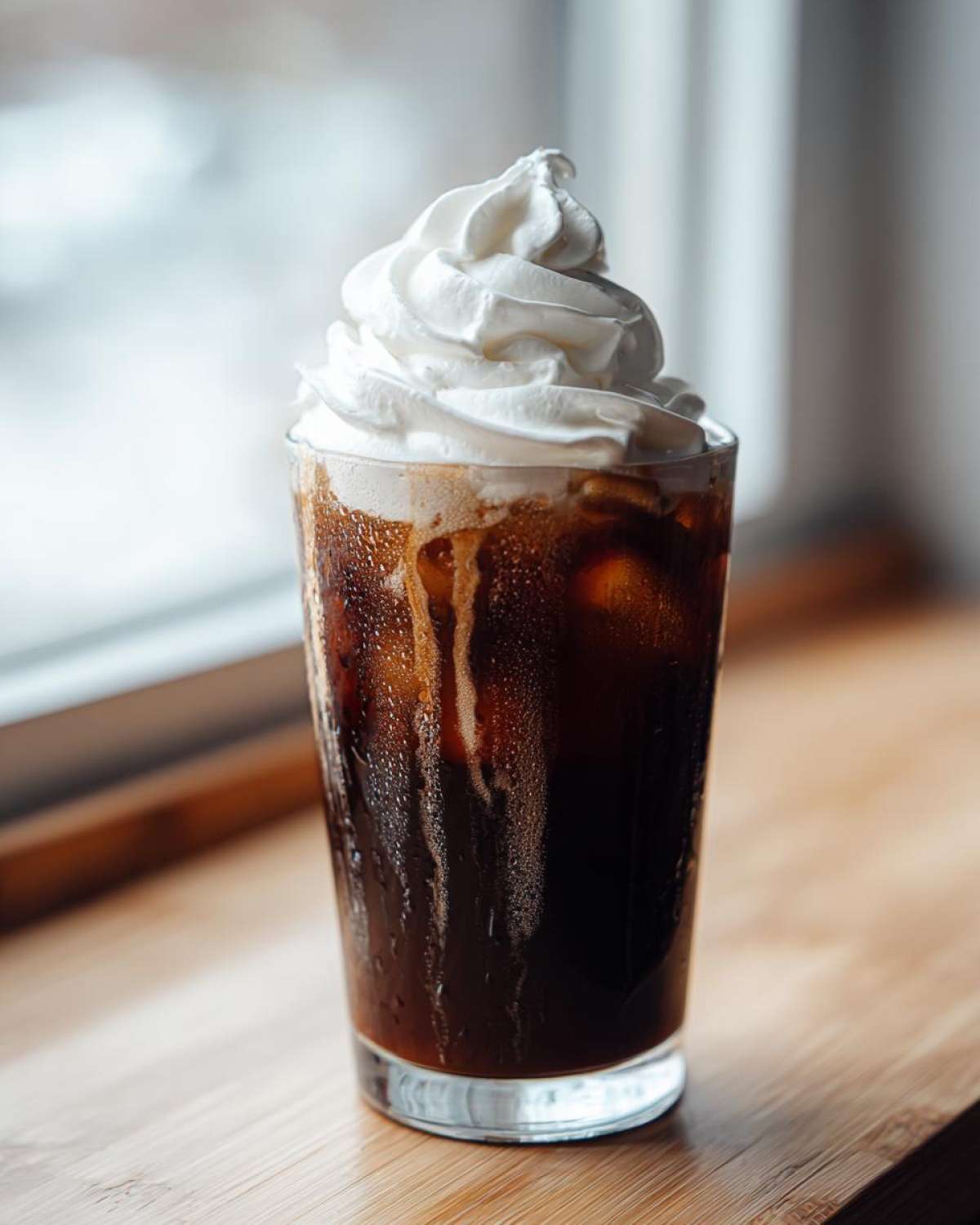 A tall glass of cold Iced Mocha topped generously with whipped cream, condensation dripping down the side.