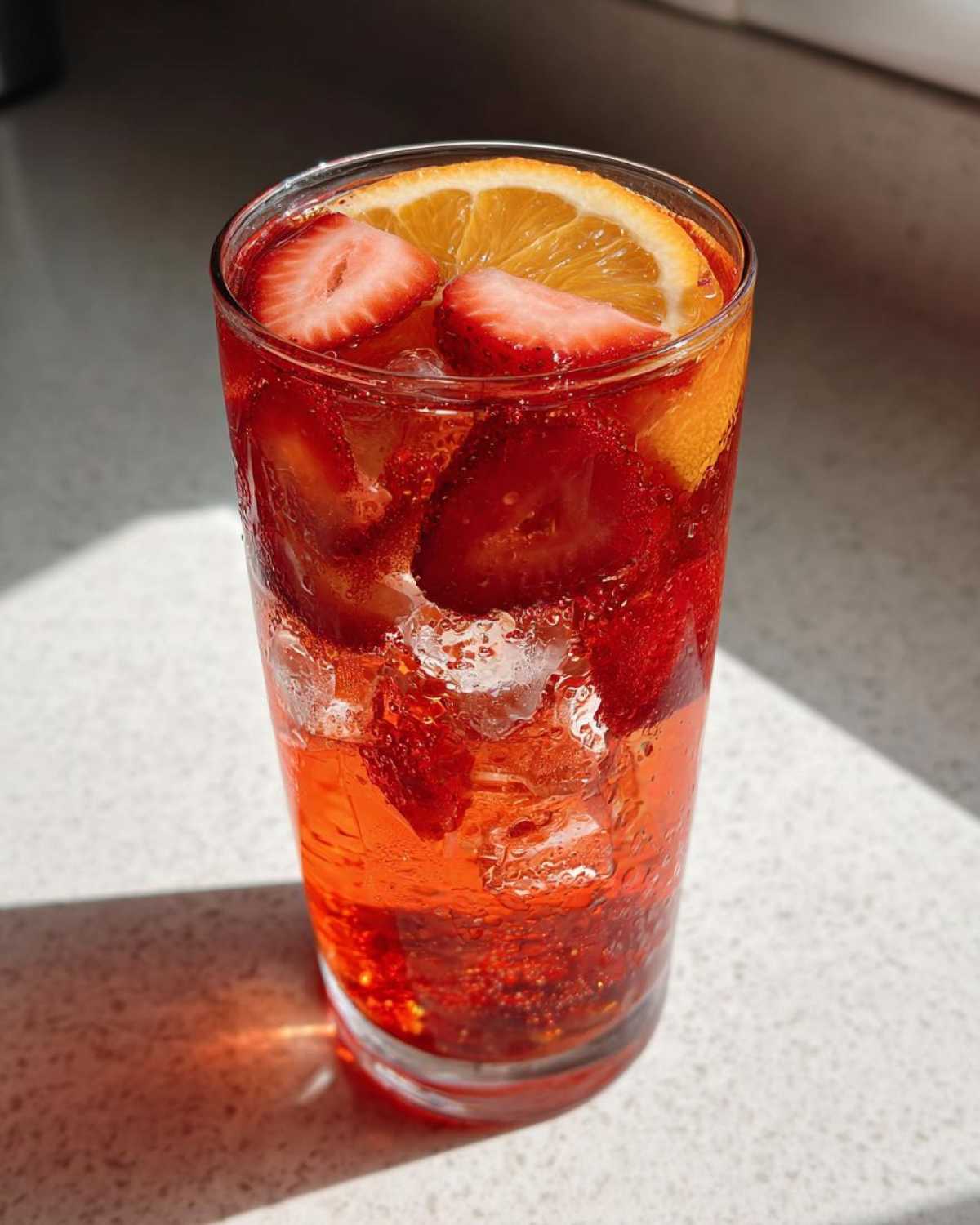 Close-up of a tall glass filled with Iced Strawberry Lemon Tea, ice, strawberries, and an orange slice.
