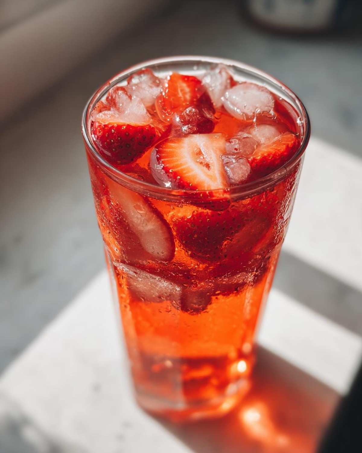 Close-up of a tall glass filled with Iced Strawberry Lemon Tea, ice cubes, and fresh strawberry slices.