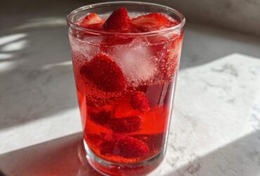 Close-up of a tall glass filled with bright red Iced Strawberry Lemon Tea, ice cubes, and sliced strawberries.