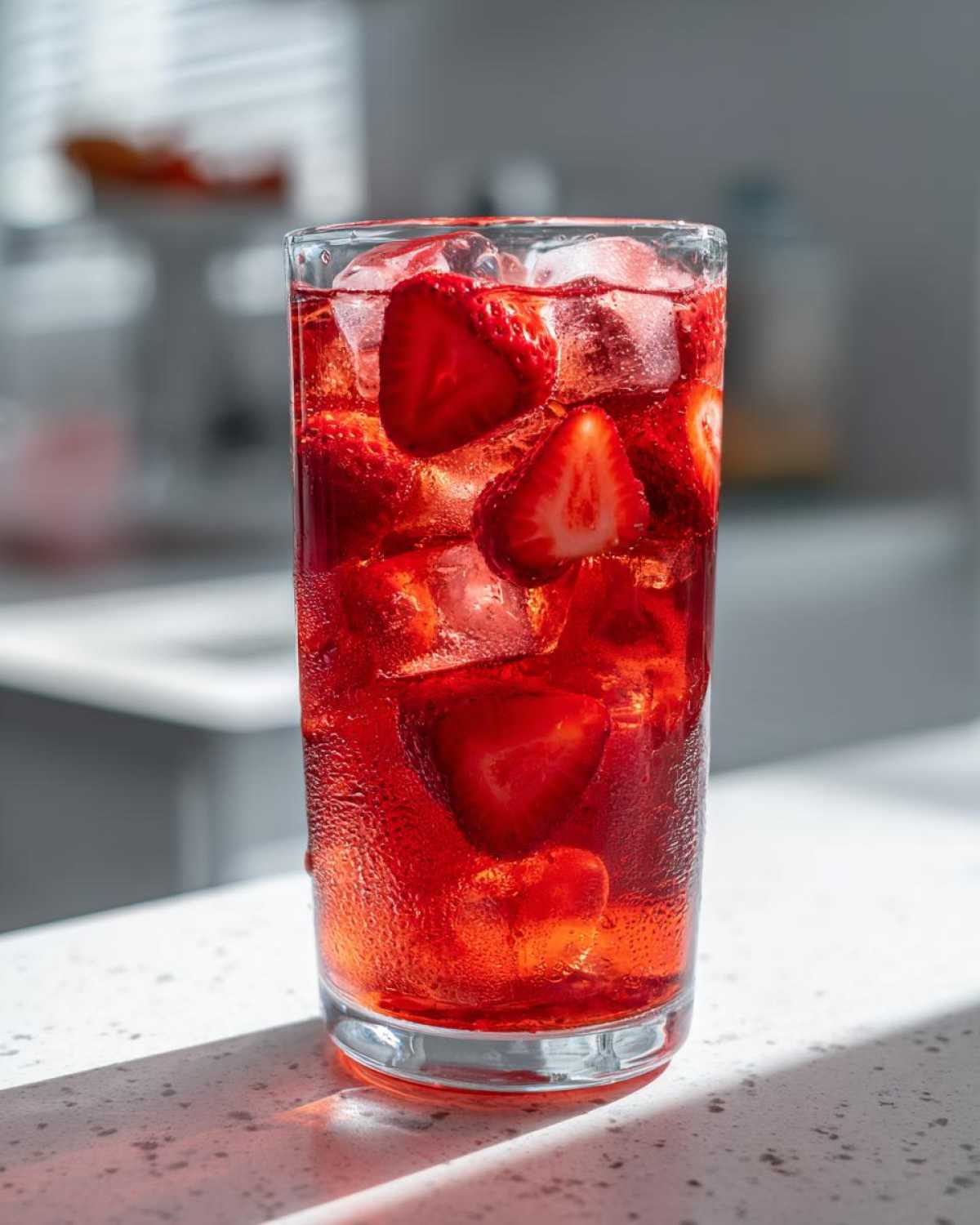 Close-up of a tall glass filled with vibrant red Iced Strawberry Lemon Tea, ice cubes, and fresh strawberry slices.