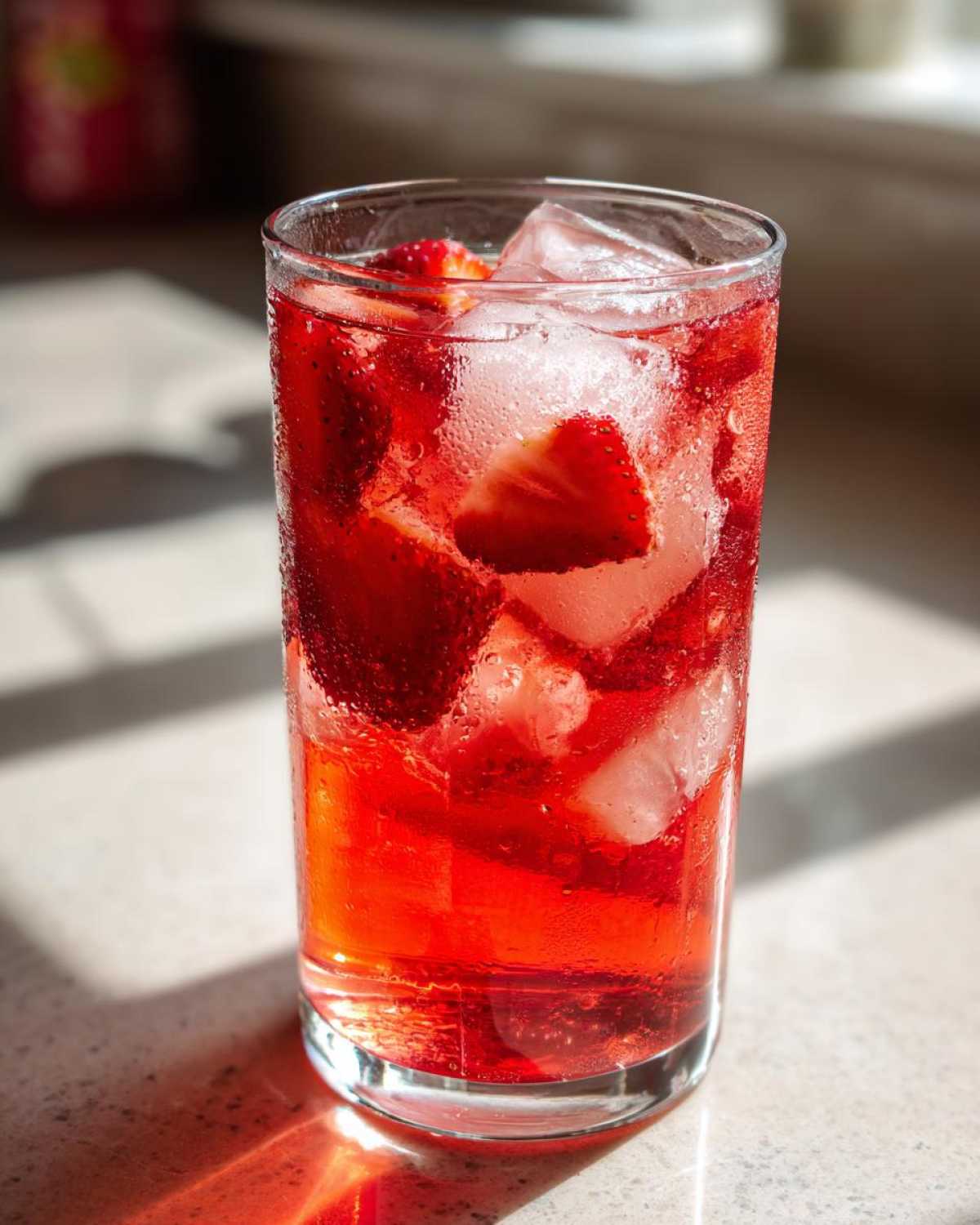 Close-up of a tall glass filled with vibrant red Iced Strawberry Lemon Tea, ice cubes, and fresh strawberry slices.