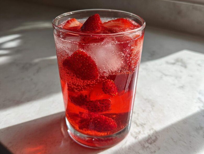 Close-up of a tall glass filled with bright red Iced Strawberry Lemon Tea, ice cubes, and sliced strawberries.