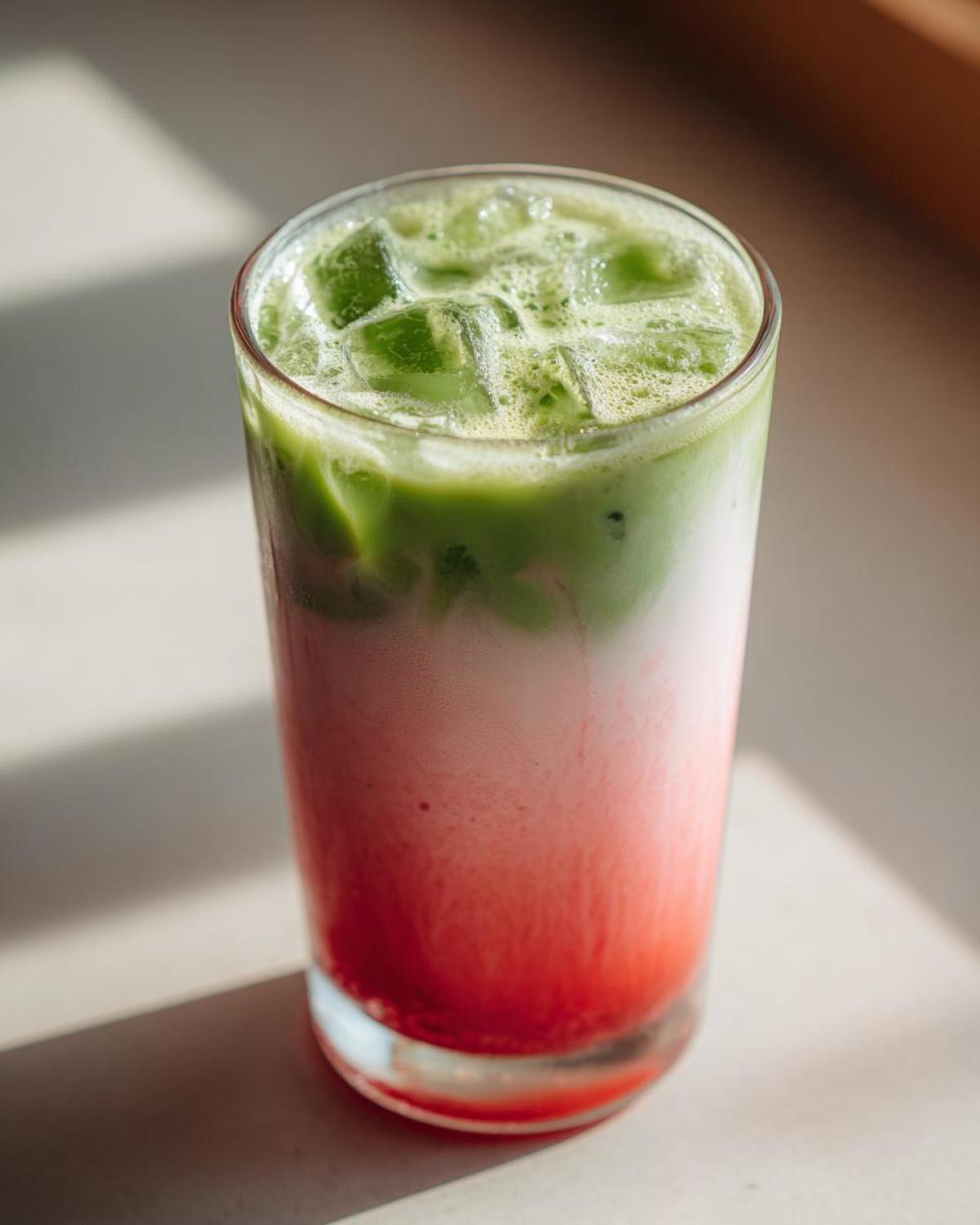 Close-up of a layered Iced Strawberry Matcha Latte showing bright red strawberry base, white milk layer, and green matcha on top with ice.