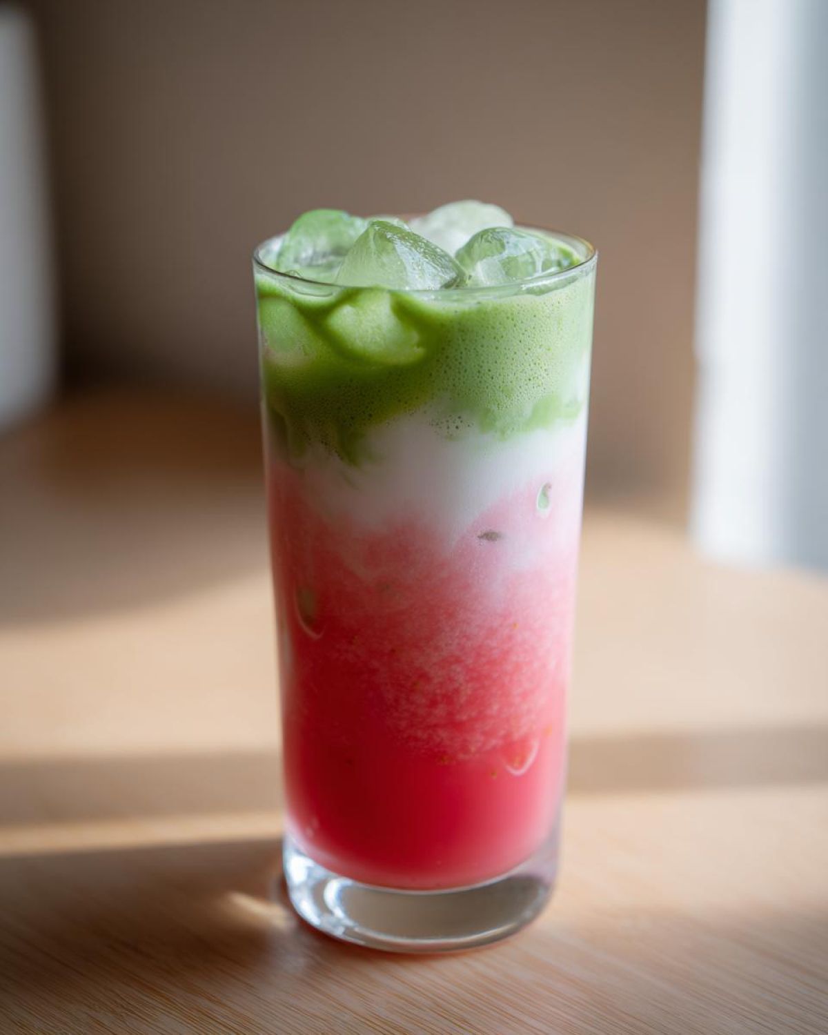 Tall glass showing the layered colors of an Iced Strawberry Matcha Latte: bright red strawberry base, white milk, and green matcha on top with ice.