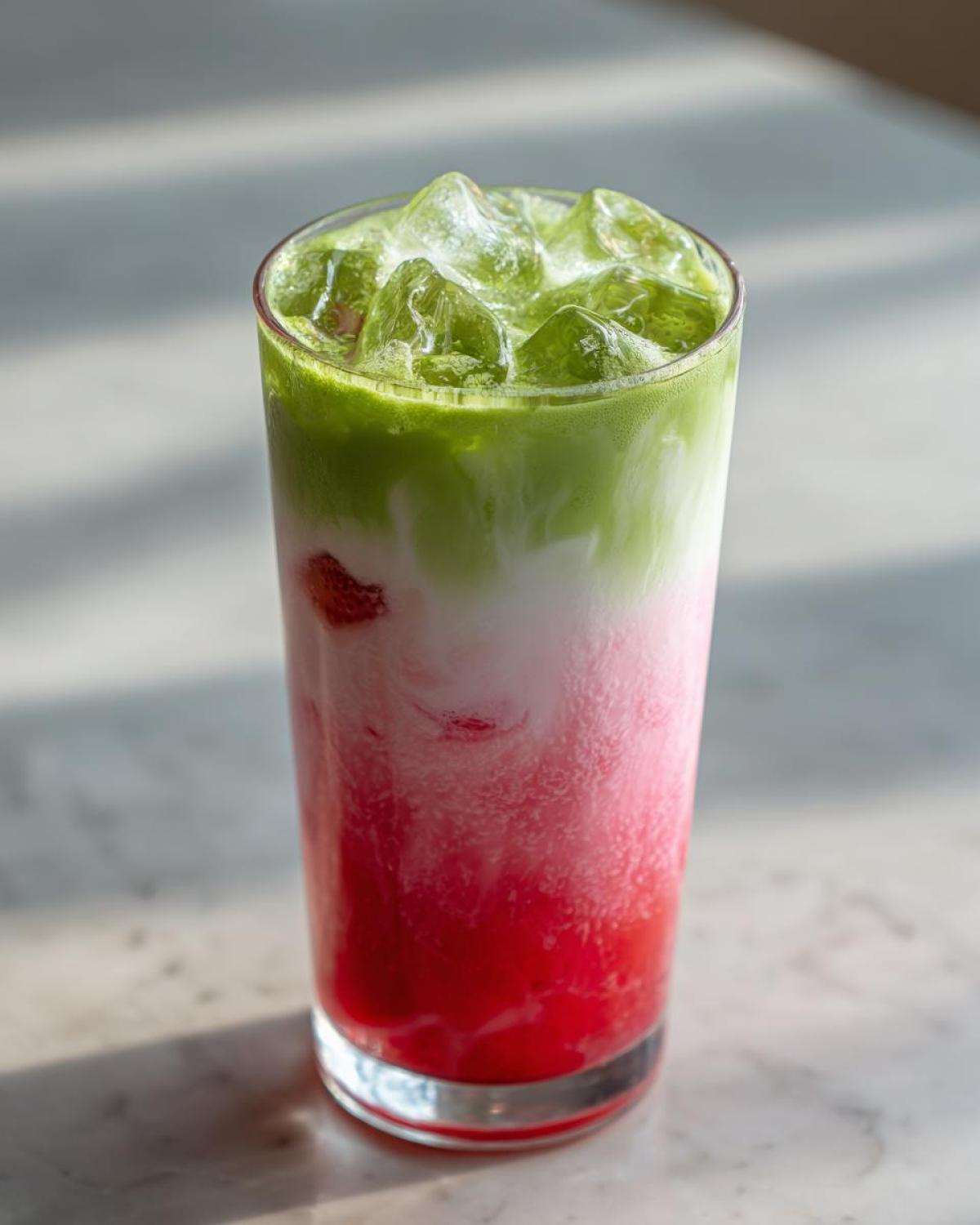 A tall glass showcasing the layered colors of an Iced Strawberry Matcha Latte with ice cubes.