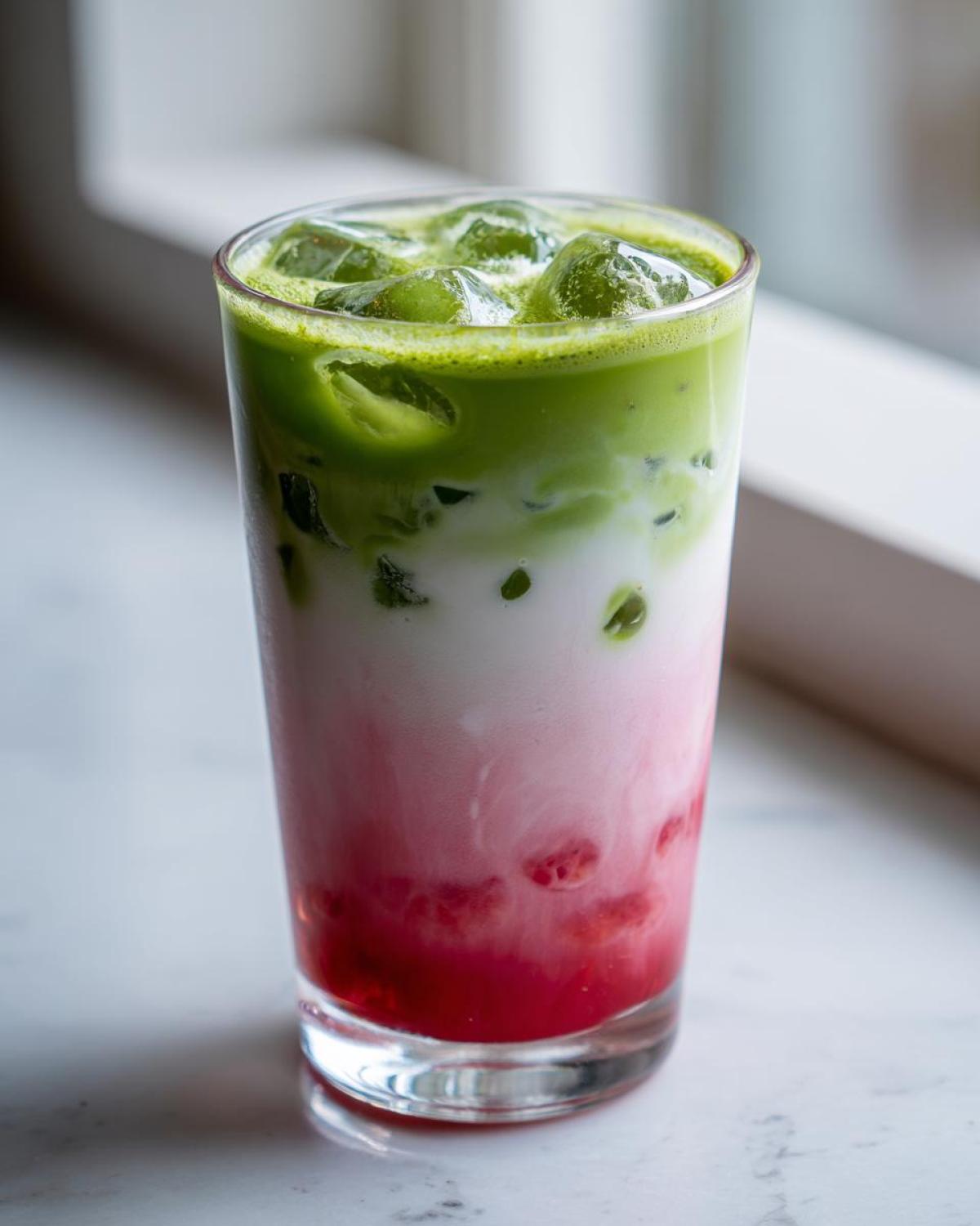 A tall glass showing the distinct layers of an Iced Strawberry Matcha Latte: bright red strawberry syrup at the bottom, white milk in the middle, and vibrant green matcha tea on top with ice.
