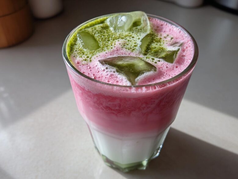 Close-up of a layered Iced Strawberry Matcha Latte with pink foam, ice cubes, and green matcha powder sprinkled on top.